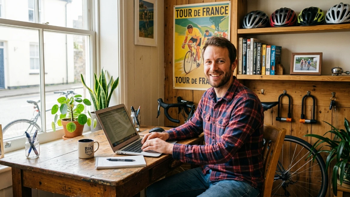 Workspace with laptop illustrating bike rental software