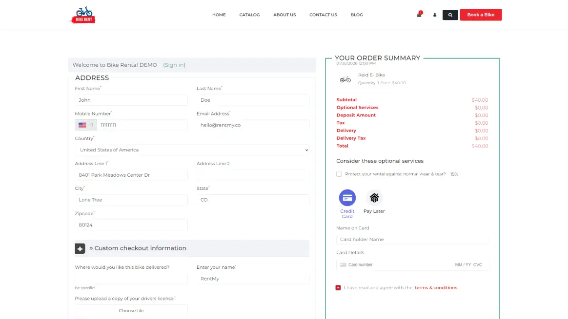 Checkout interface requiring waiver signature for equipment rental