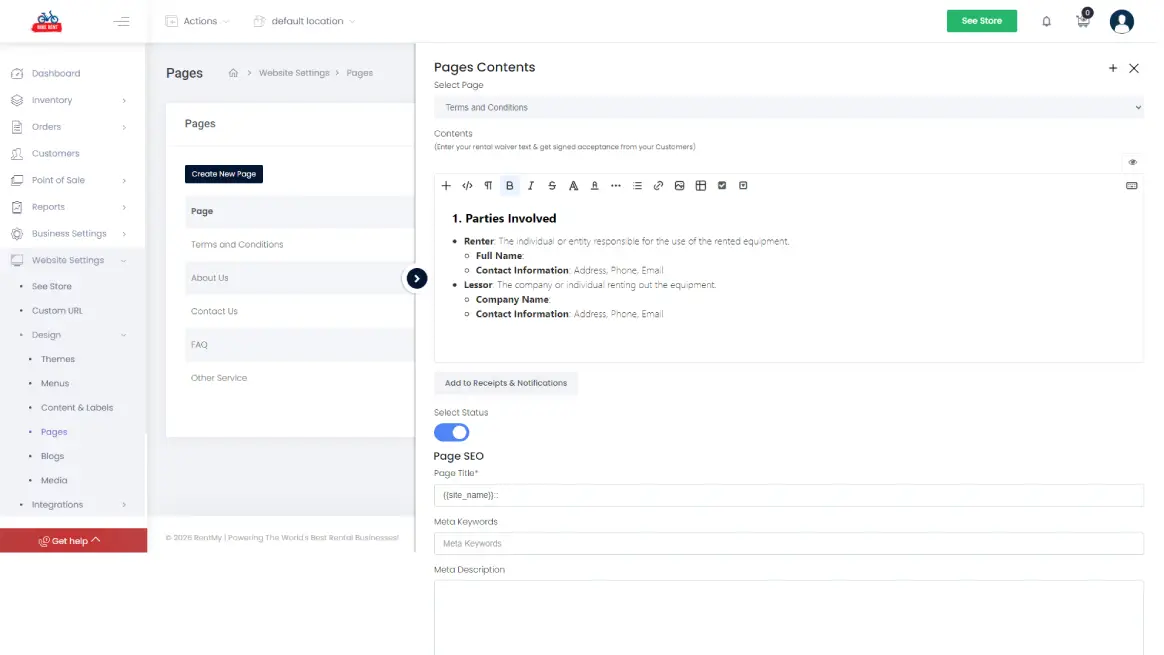 Online dashboard preparing terms for equipment rental liability waiver