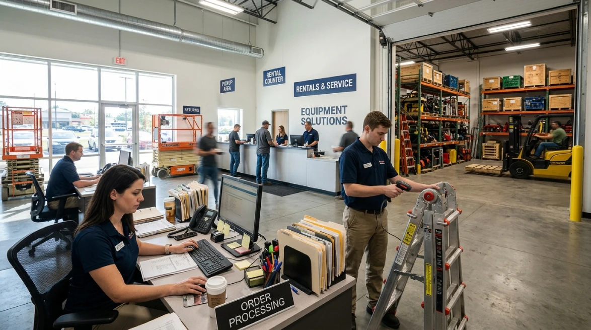 Rental manager working on enterprise order management system