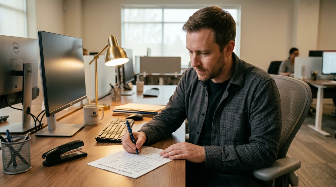 Employee working on equipment sign-out sheet document in office