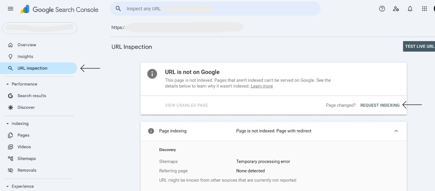 Using the Request Indexing feature in Search Console for a rental page
