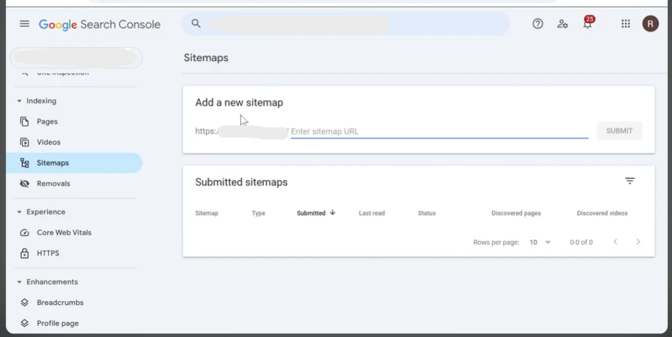 Submitting sitemap in Google Search Console dashboard