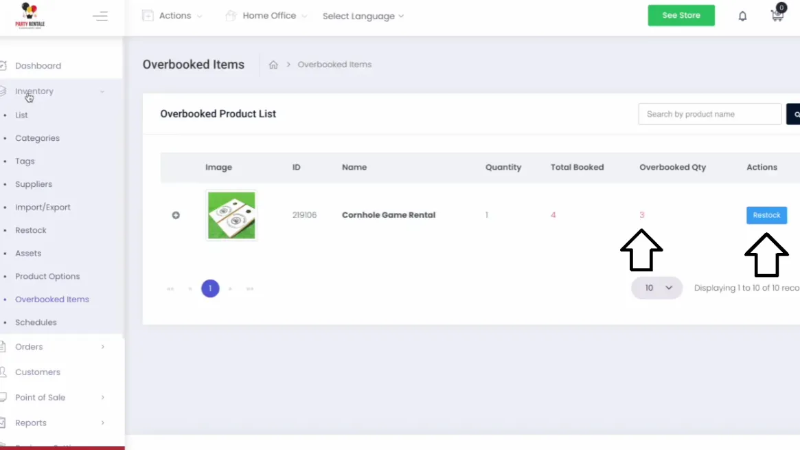 Overbooked product restocking interface to restock items for pending orders