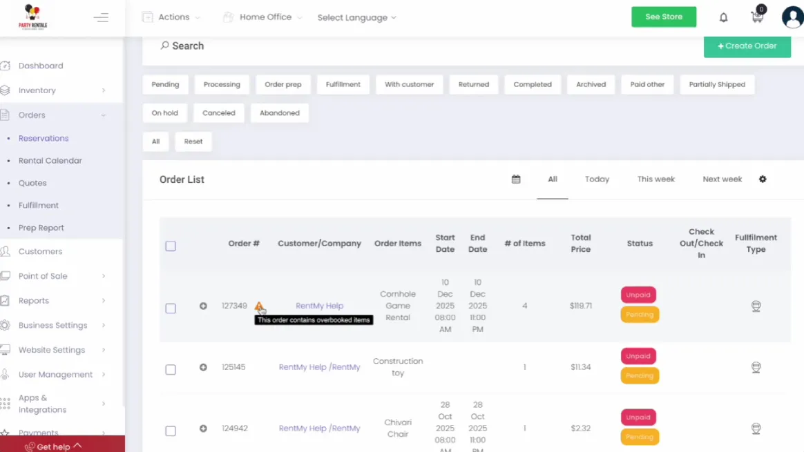 Rental order alert interface showing overbooked items in RentMy dashboard