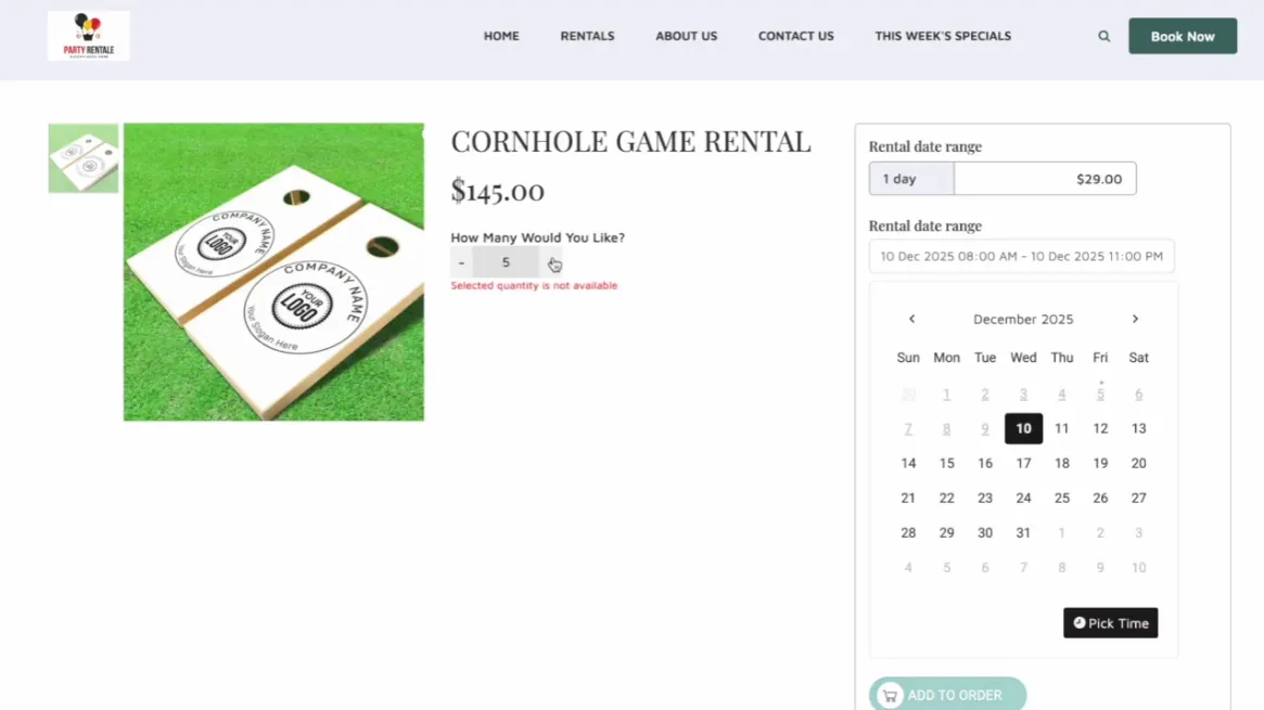 Rental quantity alert interface in RentMy system for managing overbooking limits