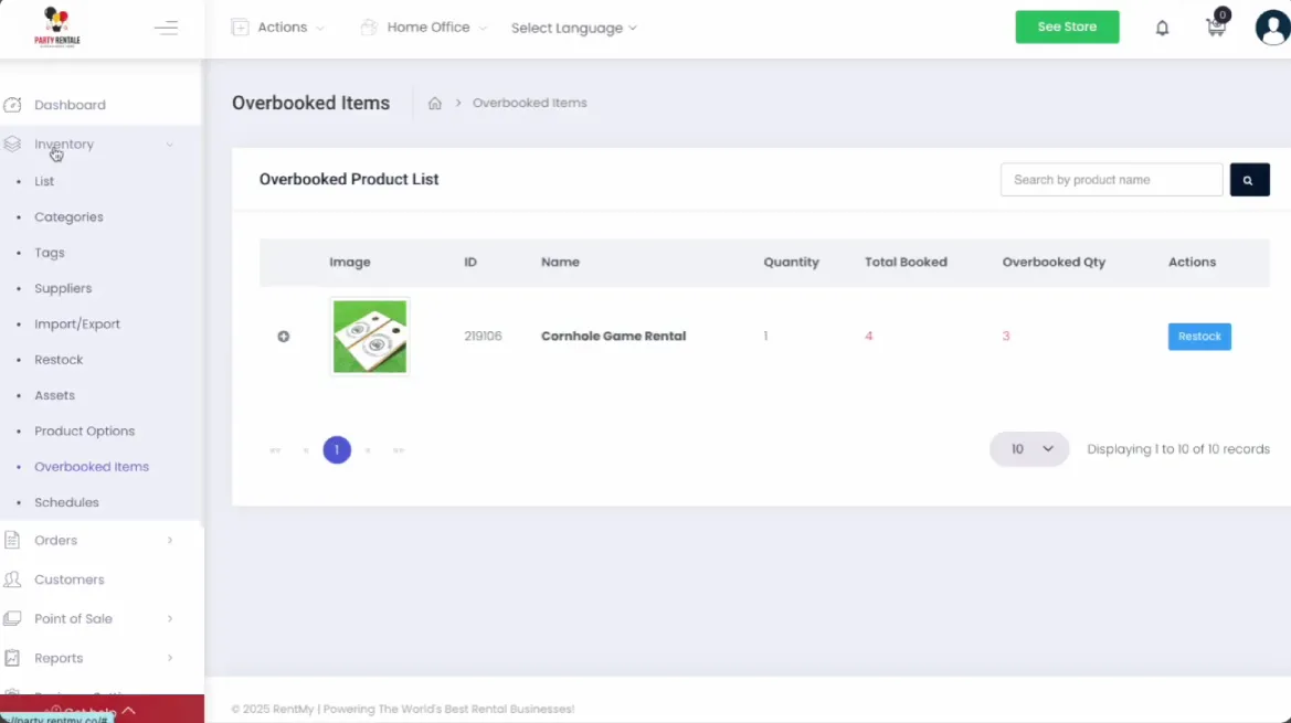 Rental system overbooking list showing all overbooked orders at a glance