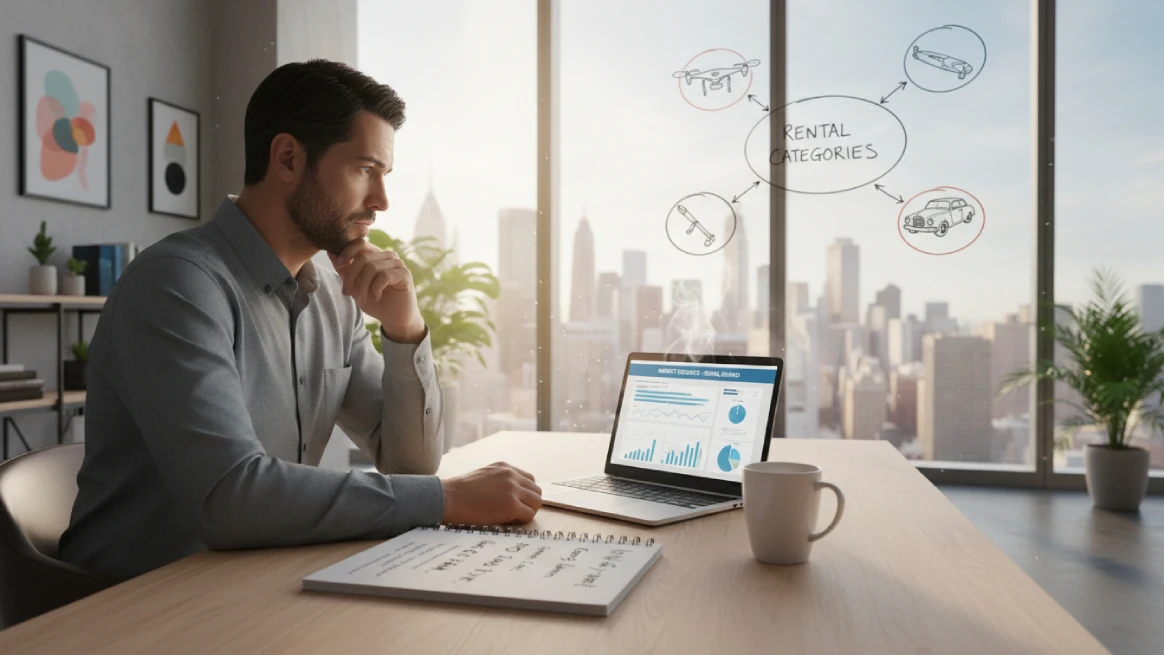 Entrepreneur studying rental market trends at a laptop