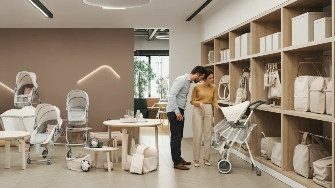 Baby equipment rental store with strollers, cribs, and gear displayed