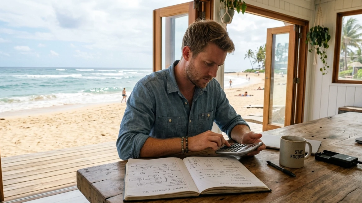 Entrepreneur drafting beach chair rental business plan with calculator
