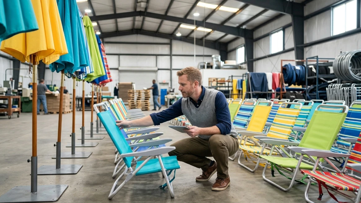 Entrepreneur inspecting beach chairs and umbrellas for rental startup
