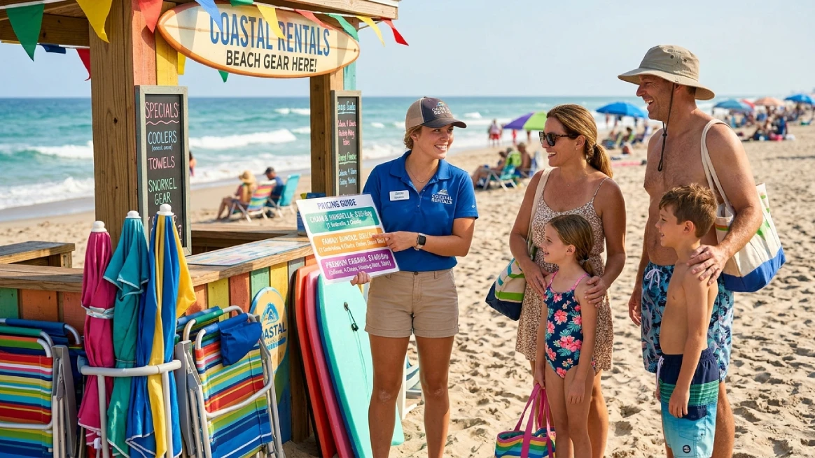 Customers learning about beach chair rental costs and packages