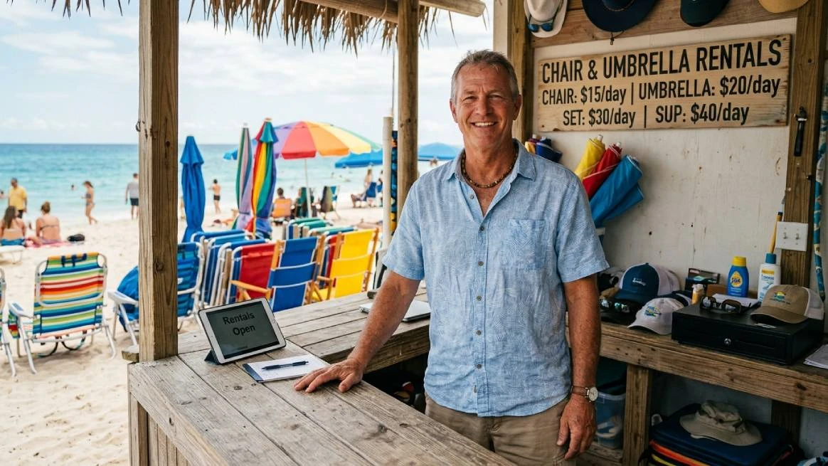 Profitable beach chair rental setup with price board
