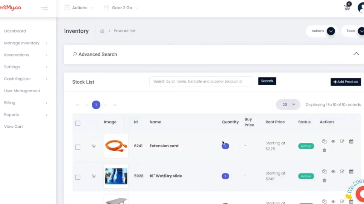 RentMy inventory dashboard showing real‑time rental availability