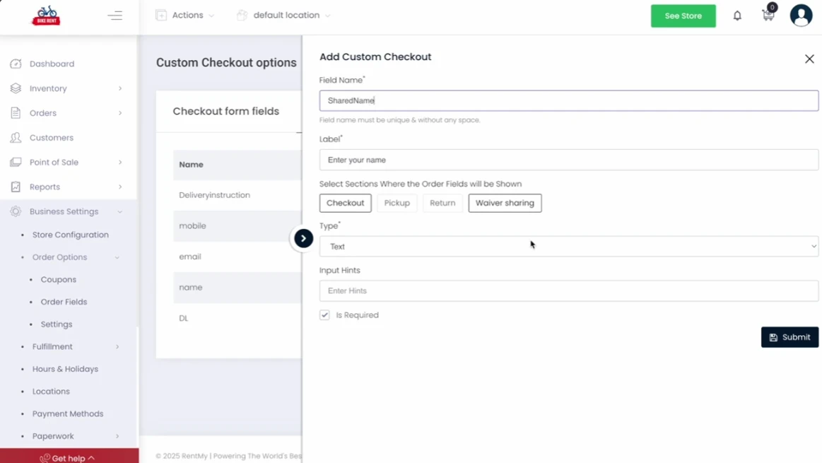RentMy dashboard showing digital waiver configuration