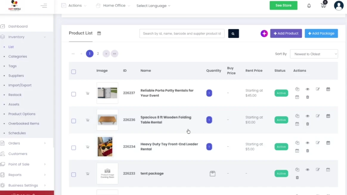 Product list view showing active rental items and pricing