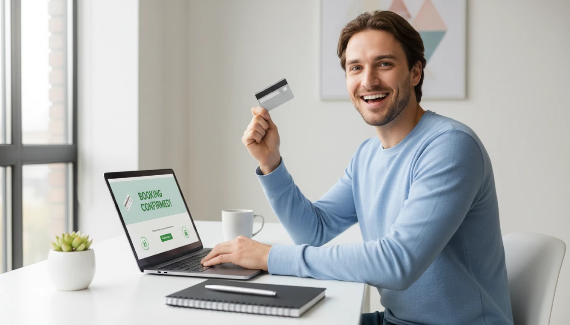 Successful camper rental booking shown on laptop with card payment