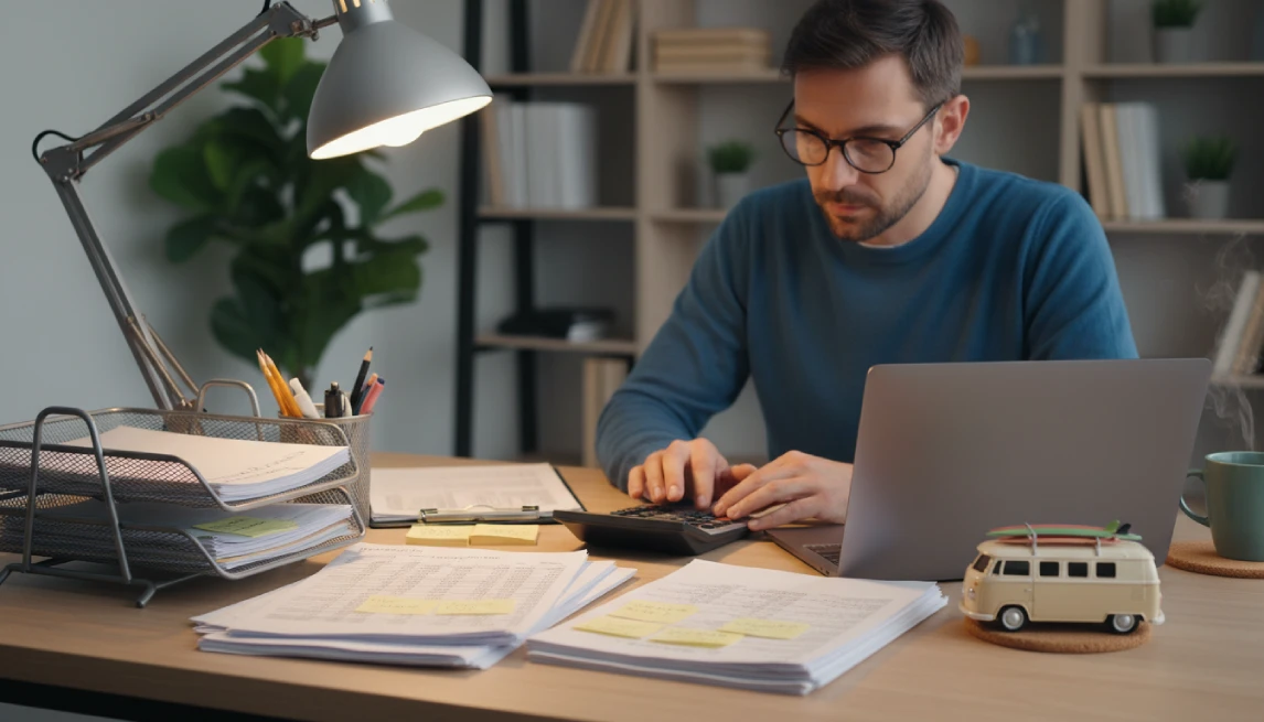 Camper rental business owner calculating pricing strategy with calculator and laptop