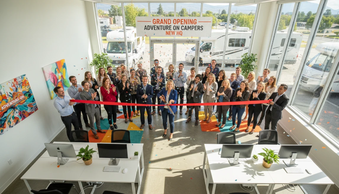 Team celebrating camper rental business scale-up with ribbon-cutting event at new headquarters