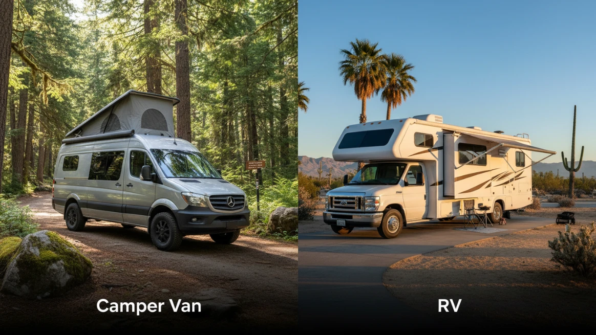 Camper van in forest vs RV in desert showing differences