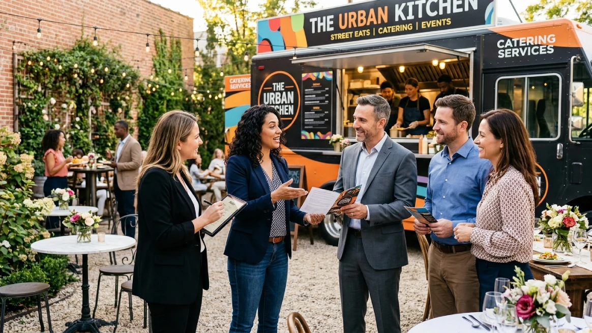 Food truck rental business marketing at outdoor catering event
