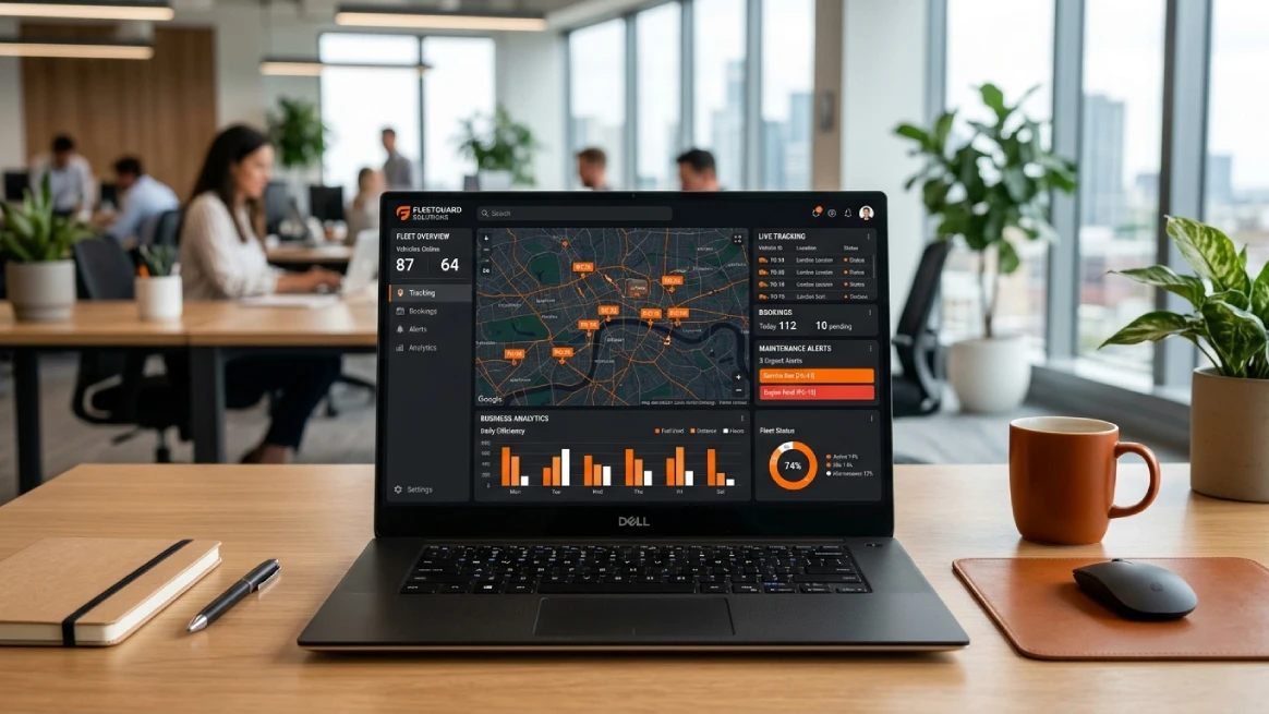 Laptop displaying fleet management dashboard for food truck rentals
