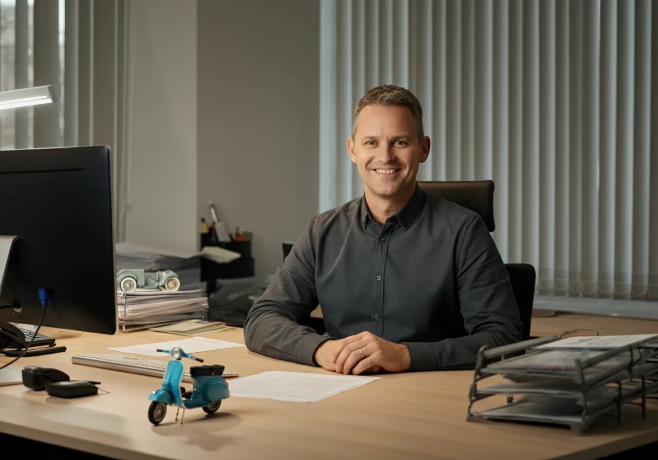 Entrepreneur at desk planning scooter rental startup