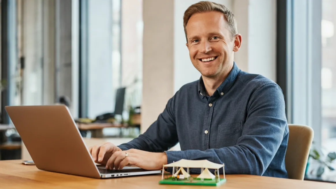 Tent rental business owner working at office workspace with planning documents
