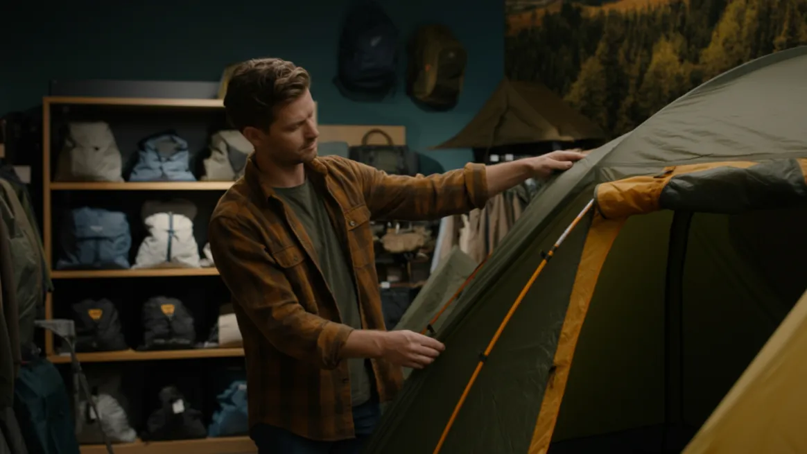 Tent rental startup inventory setup with organized poles, stakes, and accessories