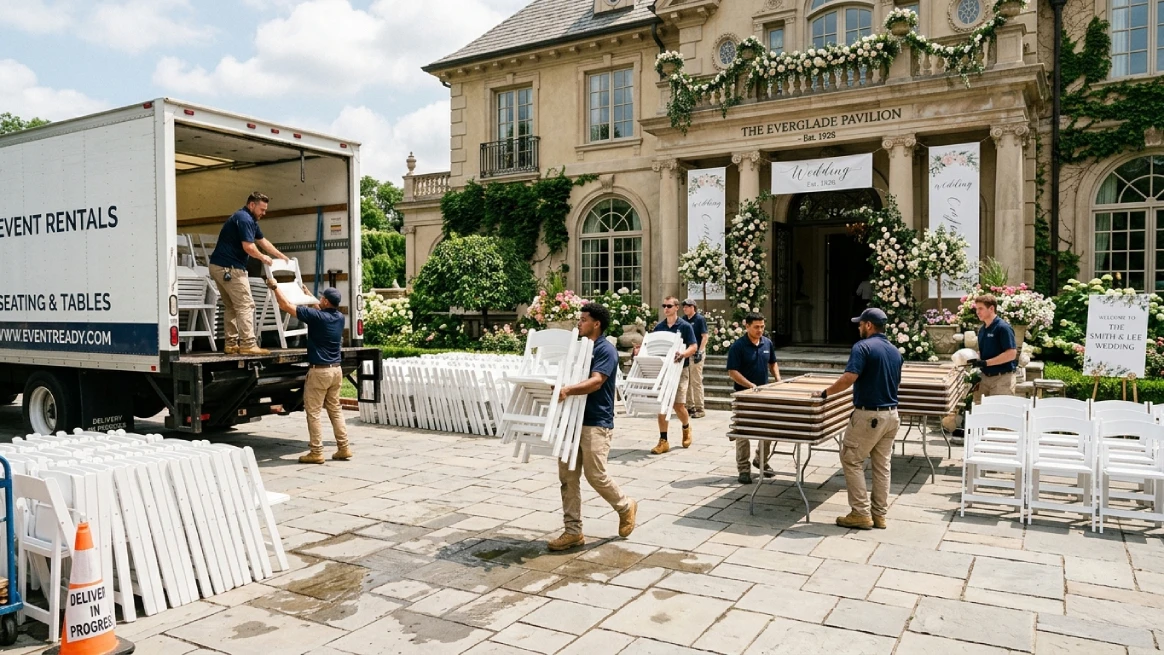 Wedding chair and table rentals being delivered to venue