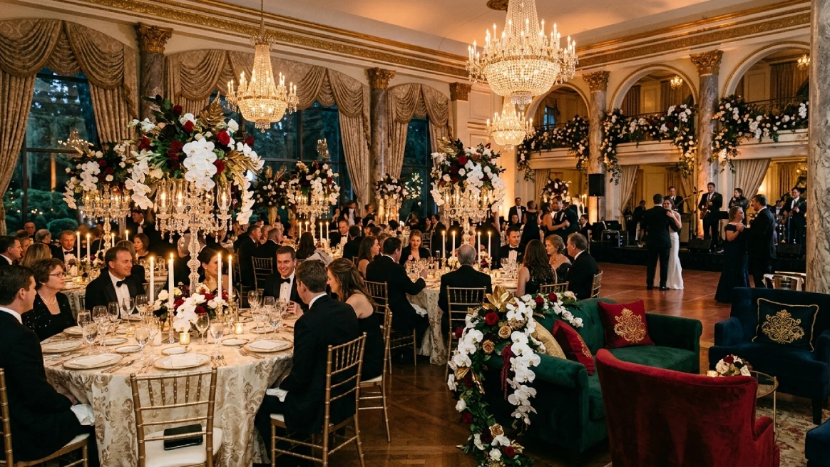 Luxury wedding décor rentals with chandeliers and floral arrangements