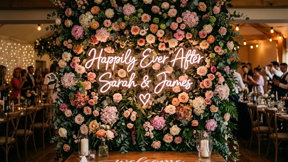 Neon sign rentals creating personalized wedding décor display