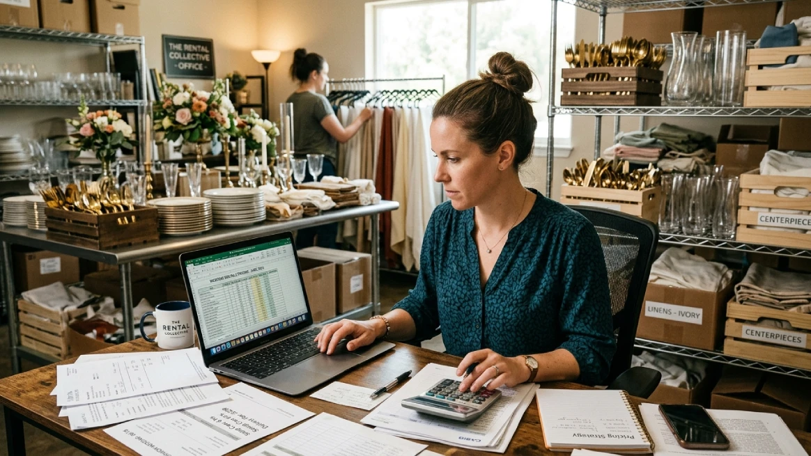 Wedding rental business pricing with inventory tracking and financial planning