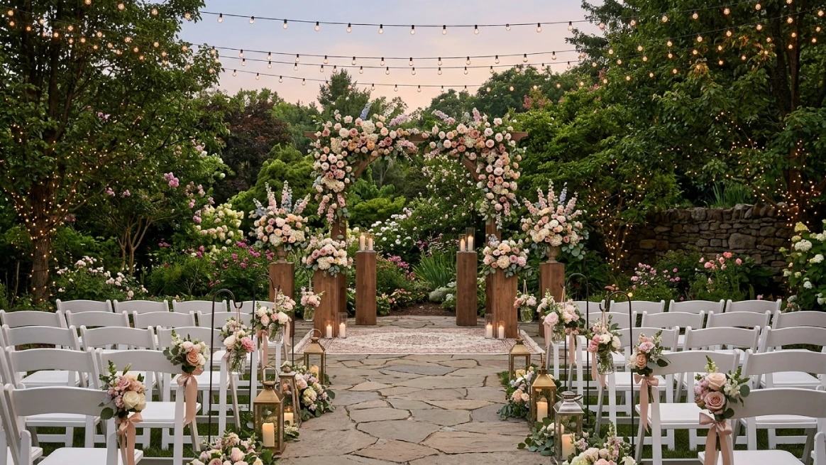 Wedding décor rental business showcasing garden ceremony setup