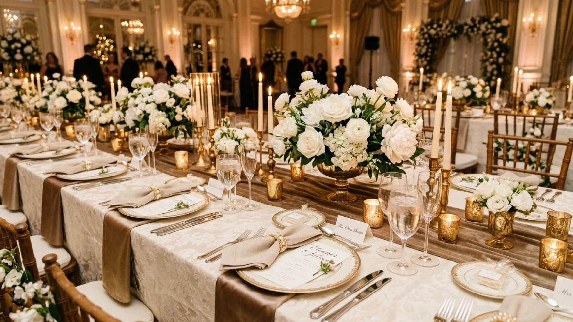 Wedding linen rentals with elegant table settings and floral décor