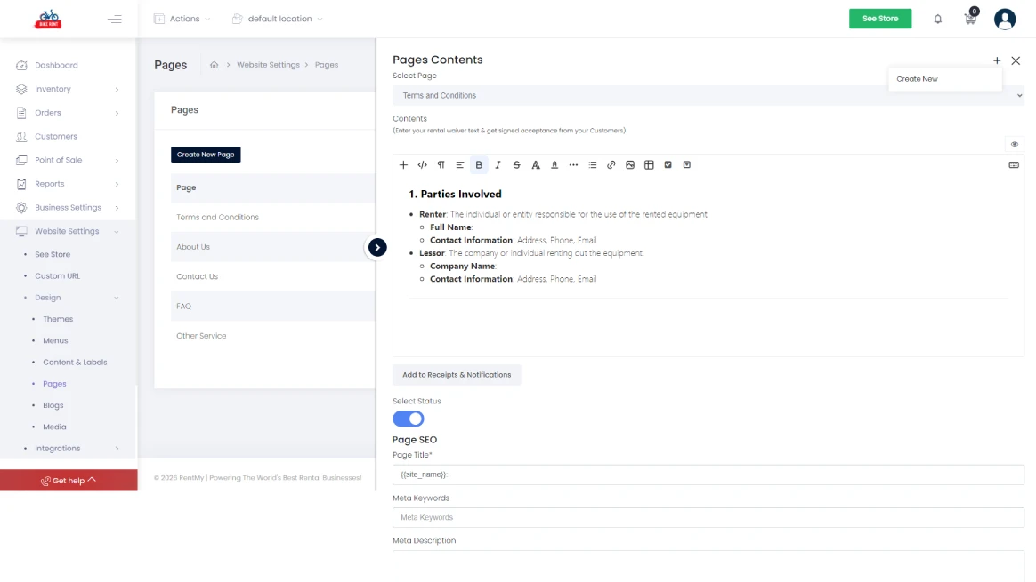 Preparing legal terms in the RentMy rental template dashboard