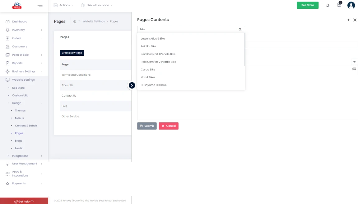 RentMy contract linking interface for rental products