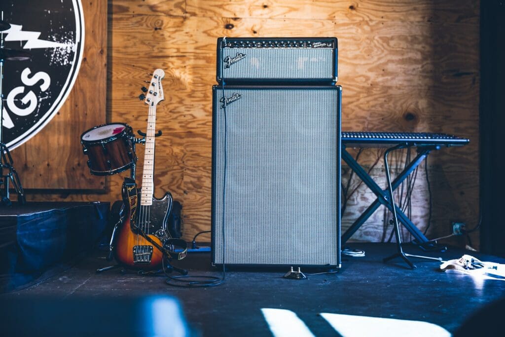 Audio equipment and musical instruments set up at a live event
