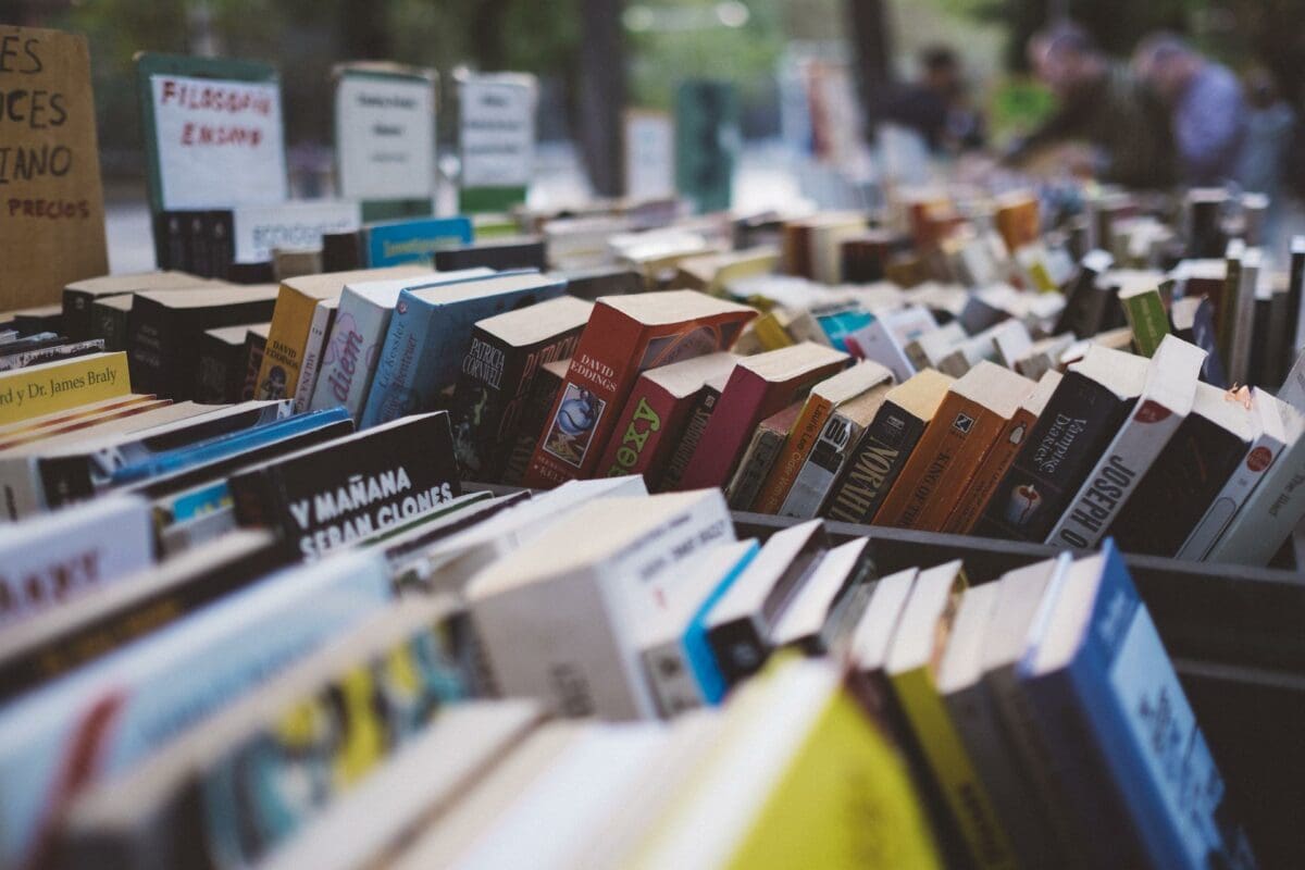 A stack of textbooks available for student rental