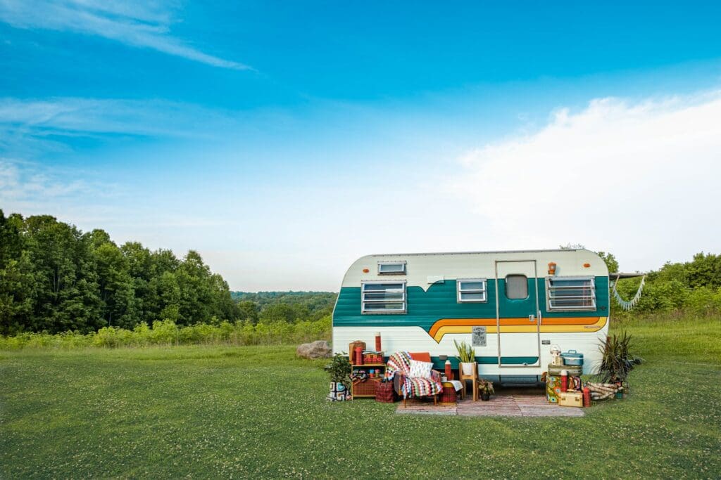 Outdoor adventure and camping equipment laid out for rental