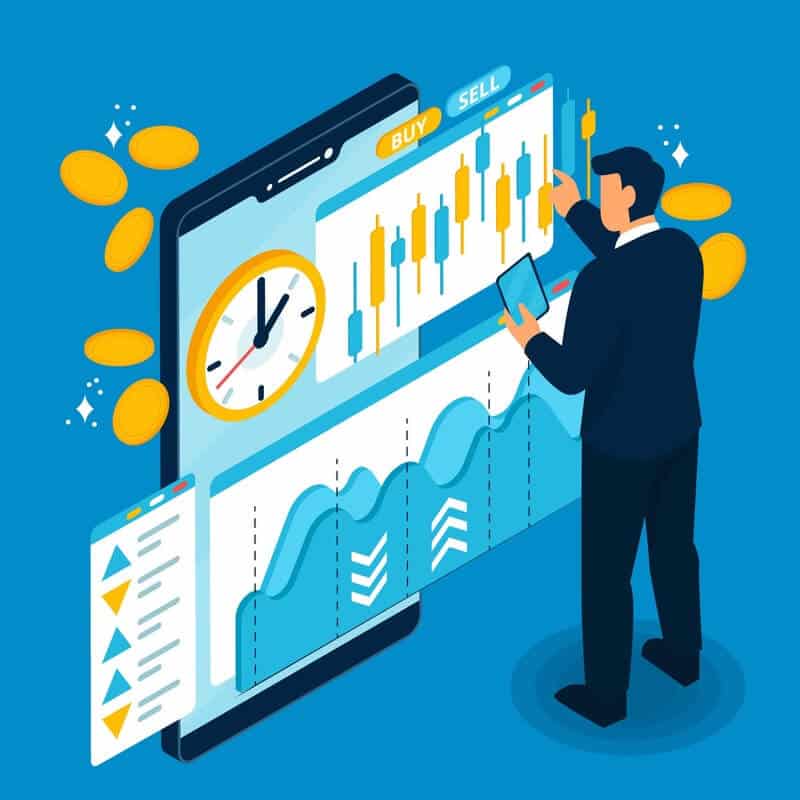 Man analyzing financial charts and data on a smartphone, representing accurate financial tracking with equipment rental software.