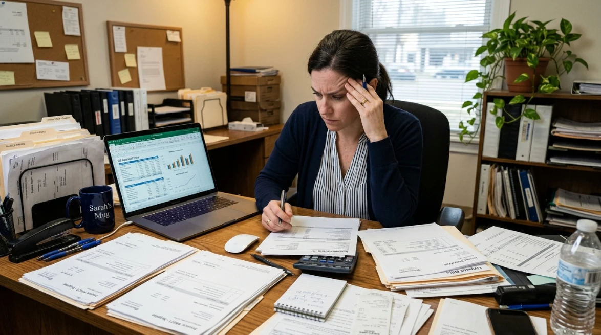 Rental business owner stressed over financial paperwork and charts
