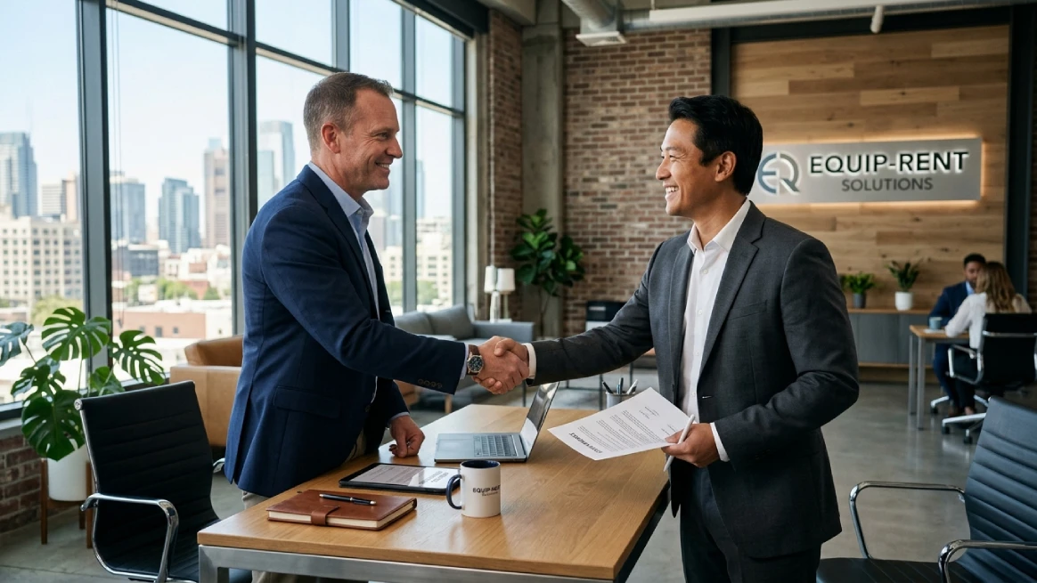 Business professionals shaking hands in rental industry partnership