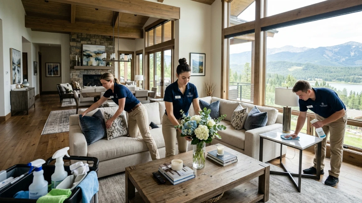 Professional cleaning team working in vacation rental living room
