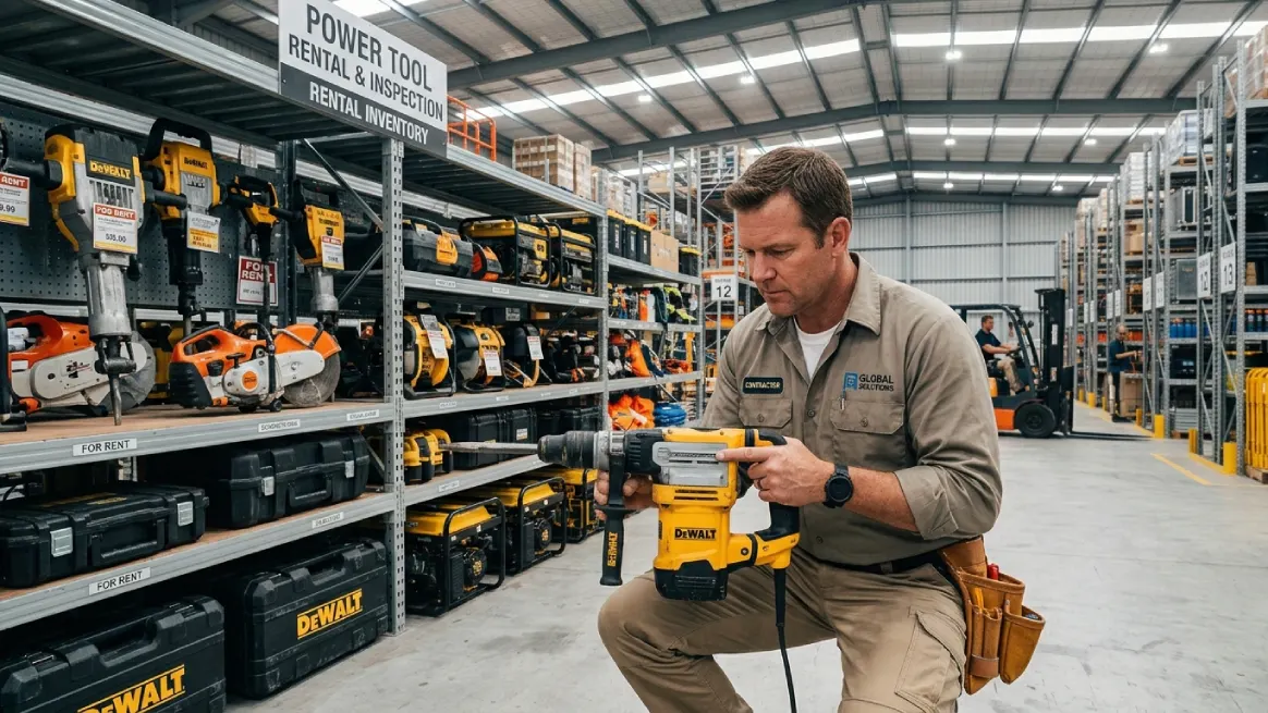 Technician inspecting rental equipment inventory in a warehouse for equipment rental operations