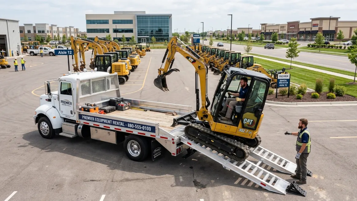 Equipment rental logistics operation transporting machinery to a customer site