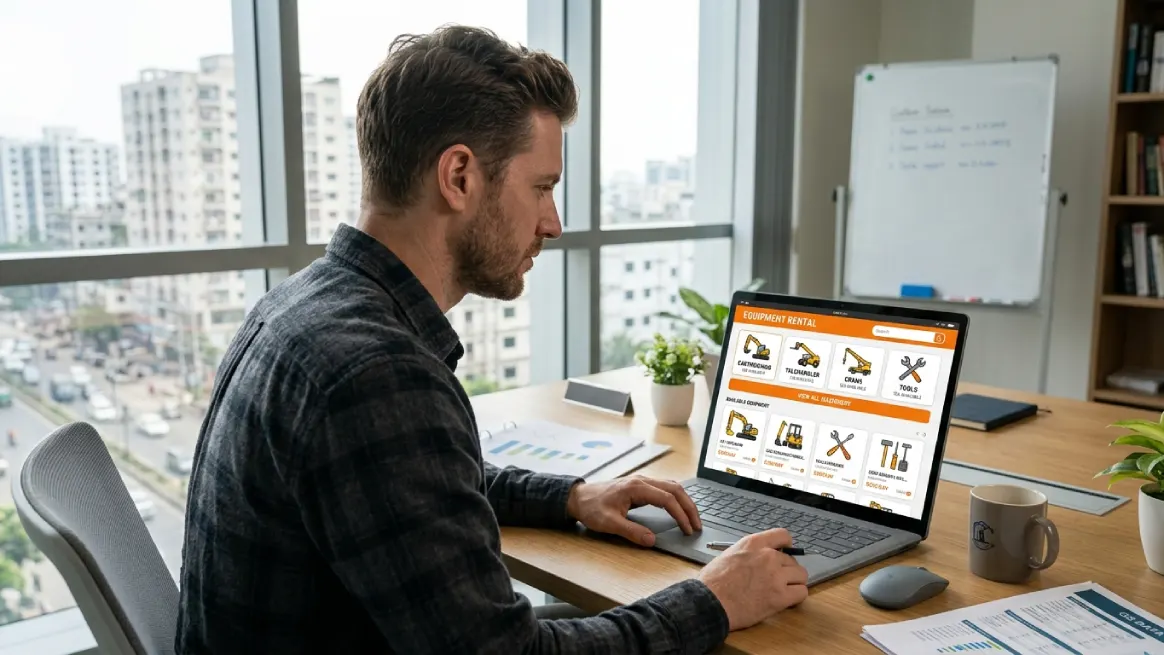 Customer using an online equipment rental platform to browse and book rental items