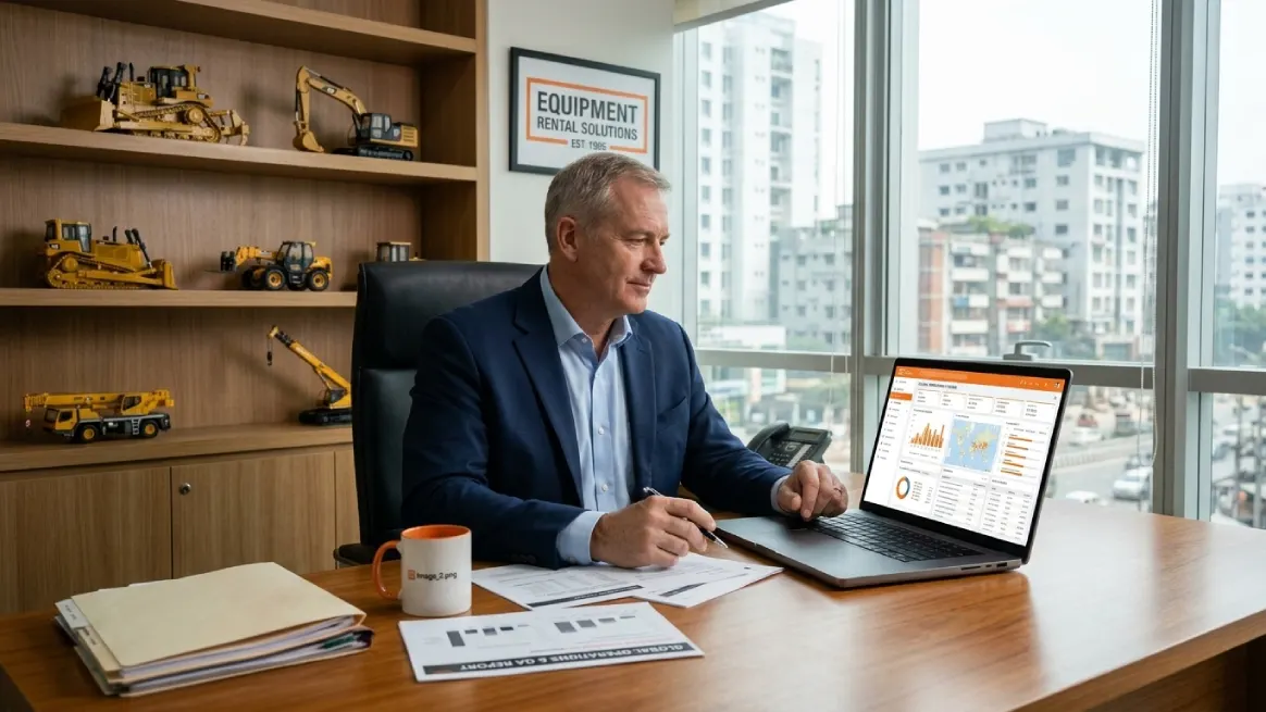 Rental business leader reviewing industry data and operational performance metrics