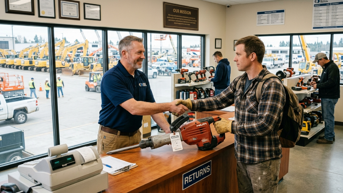 Rental customer returning equipment and interacting with staff at a service desk