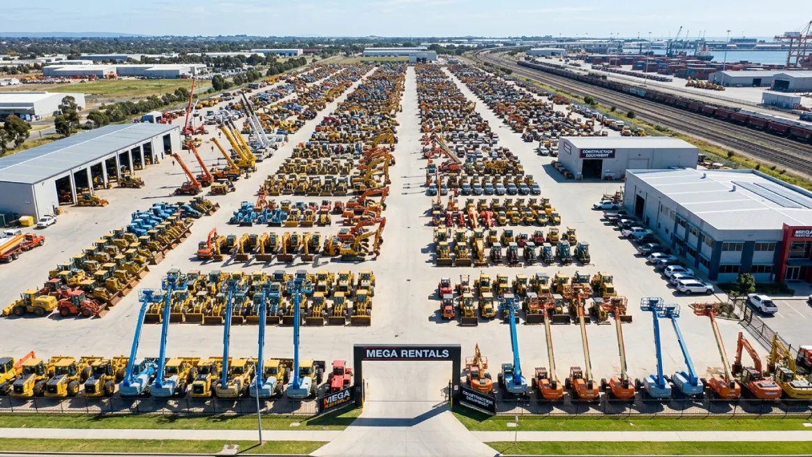 Aerial view of an equipment rental yard showcasing rental industry growth and scale